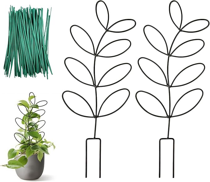 2 Pack 14.8 Inch Plant Trellis Indoor for Climbing Plants with 50 Plant Ties, Small Metal Garden Trellis for Potted Plants, Leaf Shaped Support for Ivy Hoya Pothos Monstera Houseplants