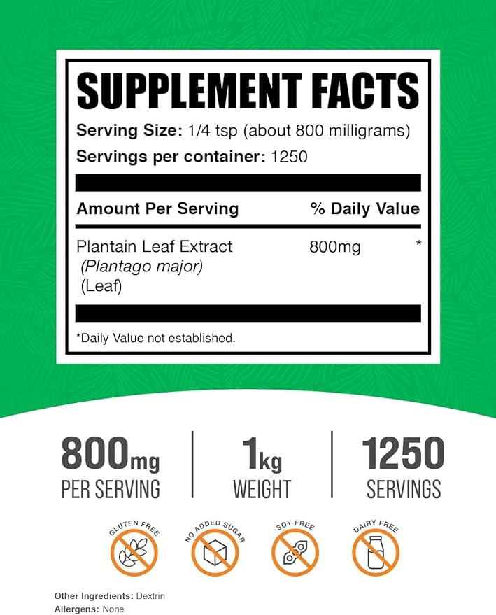 BulkSupplements.com Plantain Leaf Extract Powder - Plantain Leaf Supplement, Plantain Leaf Powder - Herbal Supplement, Gluten Free, 800mg per Serving, 1kg (2.2 lbs) (Pack of 1)