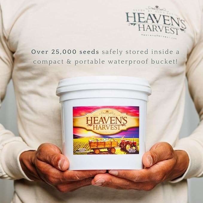 Heaven’s Harvest “10 Year Garden” Survival Seed Bank Kit | Over 50k Non GMO Heirloom Vegetable Survival Seeds + 2 Free Bonus Items: Clyde’s Garden Planner + Seed Vault Storage Drum for 10 Year Storage