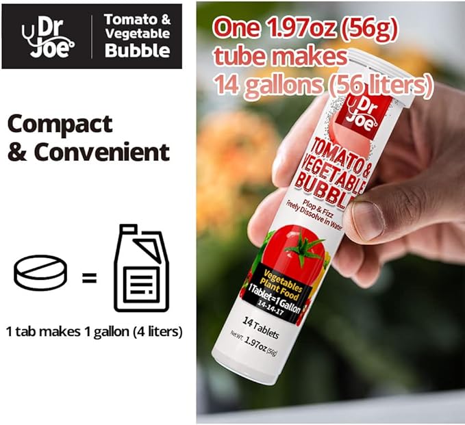 Dr. Joe Tomato & Vegetable Bubble Plant Food - Water Soluble Fertilizer (14 Fizzing Tablets, Makes 14 Gallons, 14-14-17)