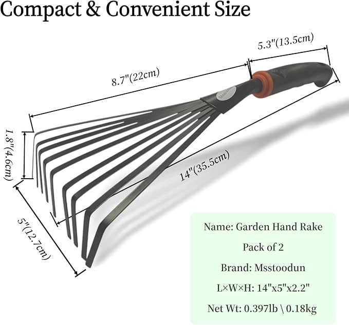 Garden Hand Rake, 2 Pack Leaf Rake with Durable Steel Tines, Small Shrub Rake with Ergonomic Non-Slip Handle for Lawn, Leaves, Soil, Flower Beds & Yard Cleanup