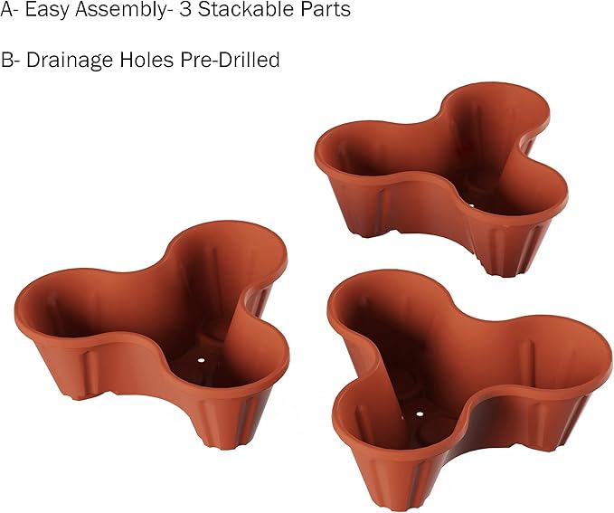 Stacking Planter Tower- 3-Tier Space Saving Flower Pots- Set of 3 Indoor/Outdoor Vertical Herb & Vegetable Garden by Pure Garden (Terracotta Colored)