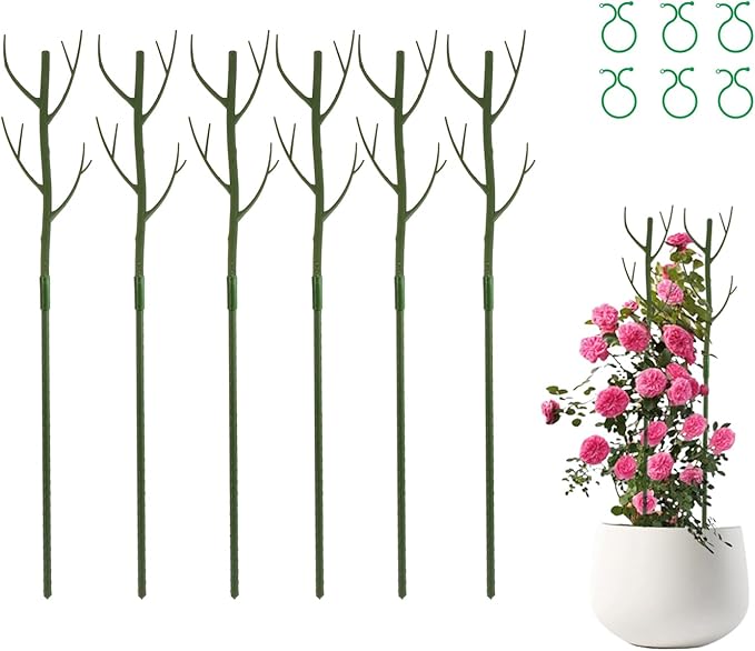 28 Inch Garden Plant Trellis for Indoor Plants, 6 Pack Plastic Trellis Support Stakes for Climbing Plants or Houseplants, Branch Shaped, Green