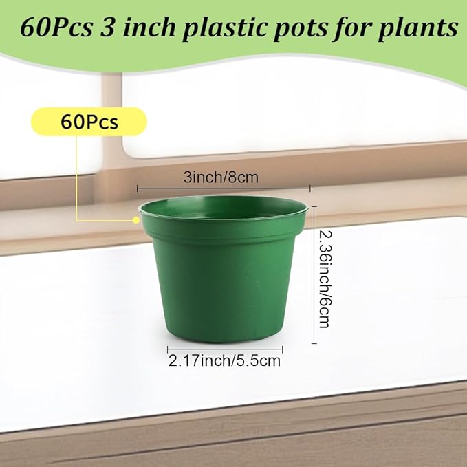 RooTrimmer 60 Pack 3 Inch Nursery Pots for Plants, Seedling Plant Pots with Drainage Holes for Indoor Outdoor Plants, Transplanting, Succulents, Seeding, Cuttings, Gardening Gifts (Green)