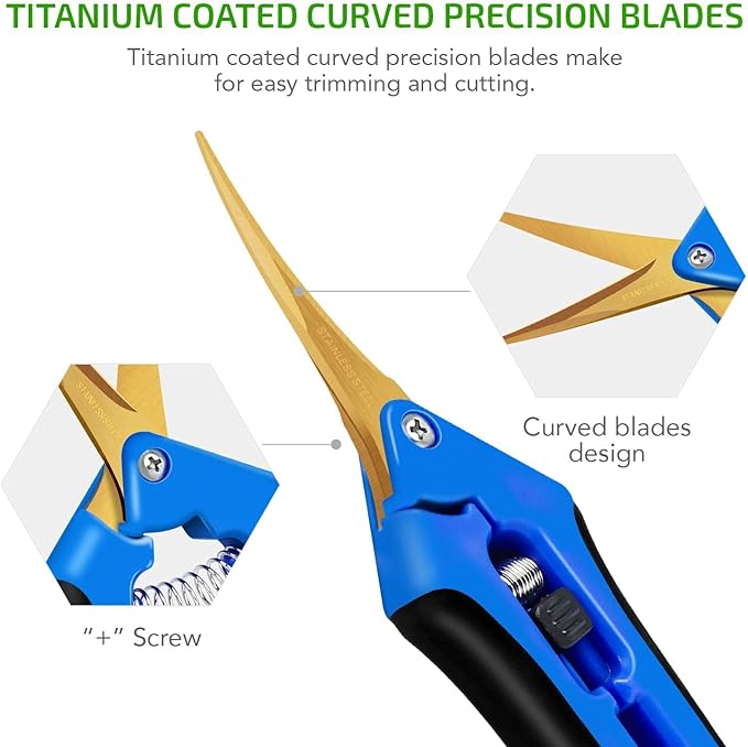 iPower 6.5" Pruning Shear Hand Pruner with Straight Stainless Steel Scissors for Gardening Potting with Titanium Coated Curved Precision Blades, Blue, 3 Pack