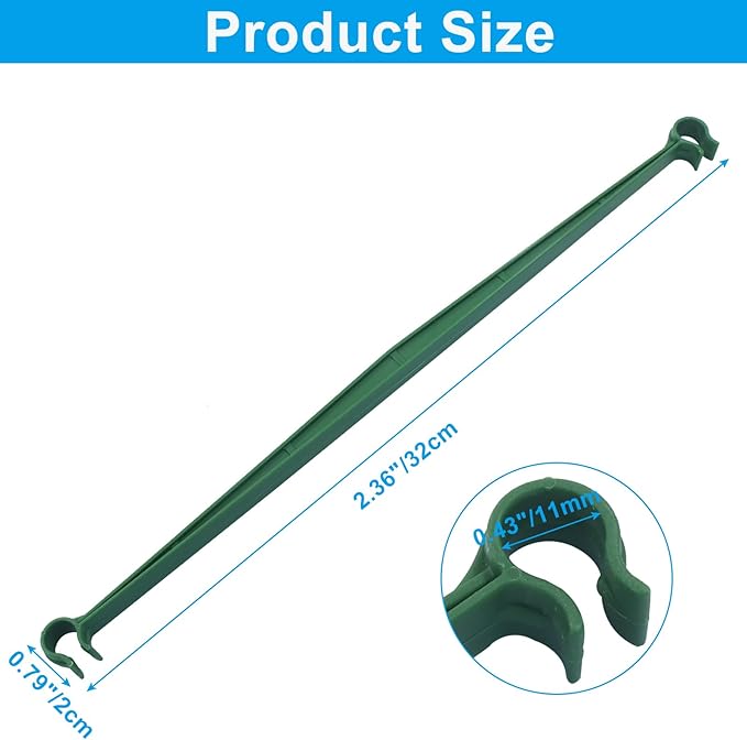 100 PCS Green Stake Arms for Tomato Cage – 11.8" Connectors with 2 Buckles, Plant Support Clips for 11mm Garden Stakes, Ideal for Tomatoes, Cucumbers