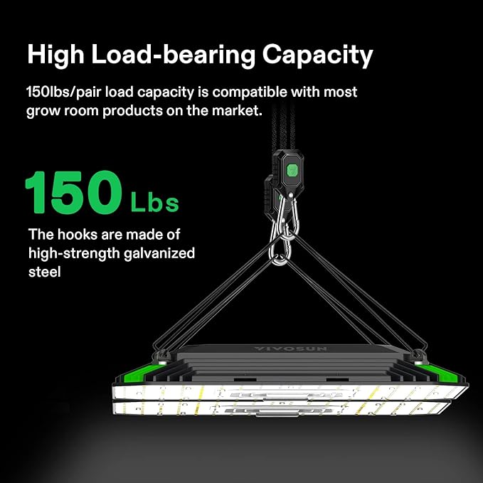 VIVOSUN 2-Pair 1/8 Inch Adjustable Grow Light Hanger, Heavy Duty Rope Hanger with Reinforced Metal Gears, 8Ft. Long and 150 lbs Weight Capacity Rope for Grow Light, Inline Fan, Filters