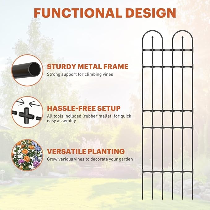 Black Garden Trellis, 71x21 Inch Metal Arch Decoration with Rustic Iron & Black Coating, 2 Pack Outdoor Plant Support for Climbing Roses, Vines, Flowers, Vegetables