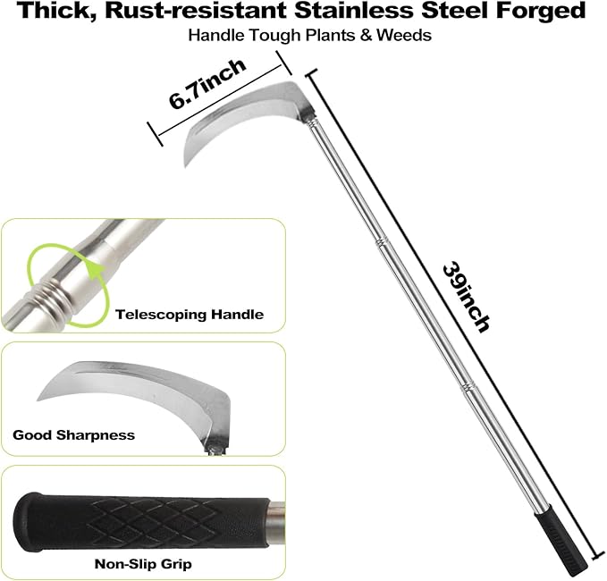 Sickle Weeding Garden Tool, Hand Weed Scythe for Grass Cutting, Billhook for Vines Bushes Cutter for Yard, Fields, Lawn and Ditches, Scythes Knife Tool for Farming Harvesting -Long Handle