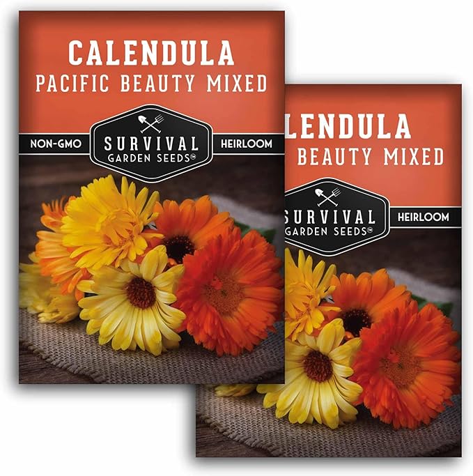 Pacific Beauty Mix Calendula Seeds for Planting – Colorful Heirloom Pot Marigold with Edible & Medicinal Flowers, Pollinator Friendly – Survival Garden Seeds (2 Packs)