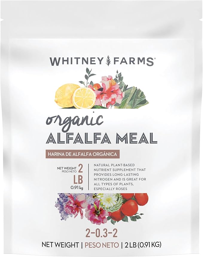 Whitney Farms Organic Alfalfa Meal - 2-0.3.2 Slow-Release Nitrogen Fertilizer and Soil Enhancer for Vegetables, Flowers, Herbs and Shrubs - 2 lbs.