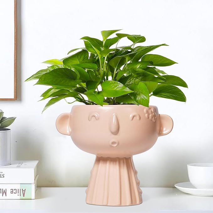Face Flower Pots - 7 Inch Ceramic Pots for Plants Indoor Outdoor, Decorative Head Planter, Small Cute Succulent Planters with Drainage Hole, Room House Decor, Gifts for Plant Lover, Matte Pink
