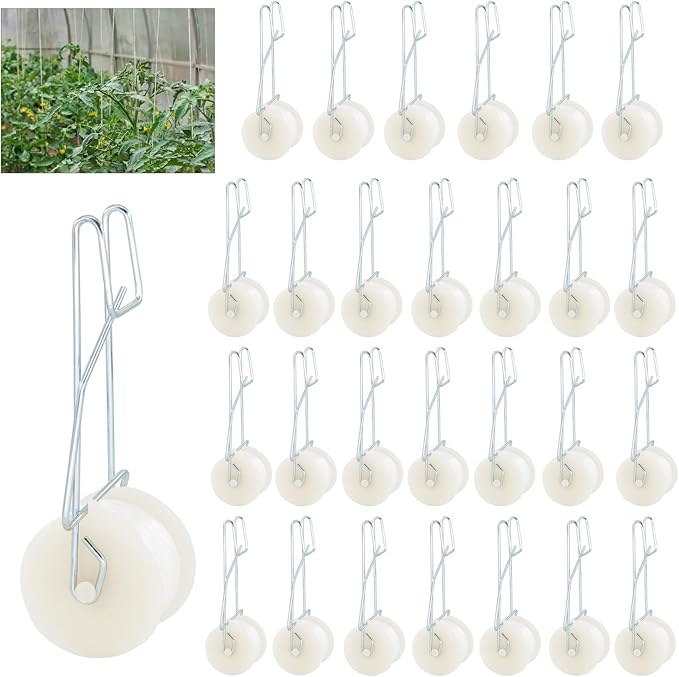 Pemaly 40 Pack Tomato Roller Hooks with 49.2FT String, Greenhouse Trellising Kit for Tomato,Plant, Greenhouse,Flower Vine Twine Crop Trellis Kit Plant Roller Trellis Hook