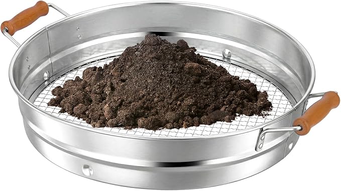 Stainless Steel Soil Sifter with Wood Handle - 14 Inch Large Garden Sieve & Compost Screen Pan for Dirt, Rocks, Gravel & Sand - Heavy Duty Rustproof Mesh (6mm)