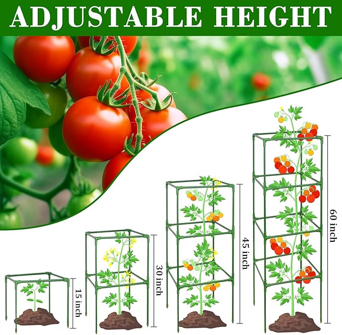 ZeeDix 4 Pack Tomato Cages for Garden 60 Inches, Heavy Duty Square Adjustable Tomato Trellis Cage Climbing Plant Support Trellis Plant Cages for Climbing Vegetables Flowers with 40Pcs Clips