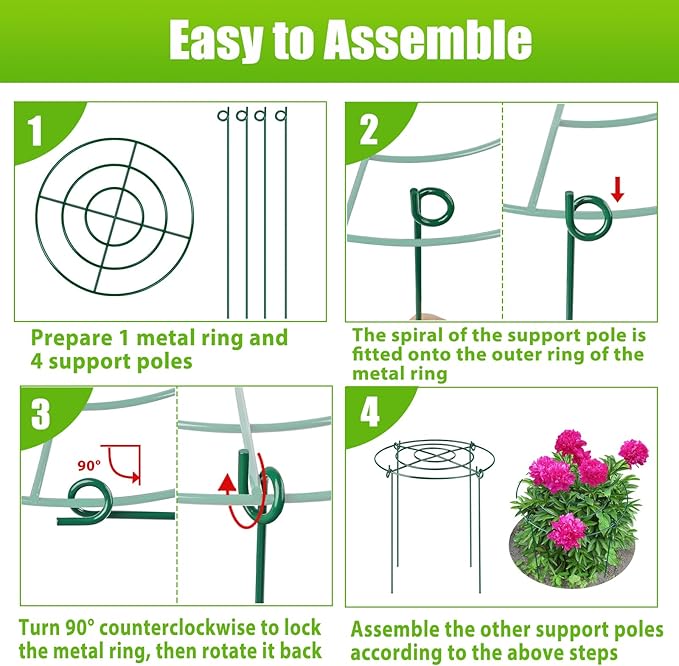 4 Pack Peony Cages and Supports, 11.5" Dx16 H Plant Supports for Outdoor Plants, Heavy Duty Metal Peony Support Cage Flower Support Rings, Plant Support Ring for Rose Tomato Hydrangea Strawberry