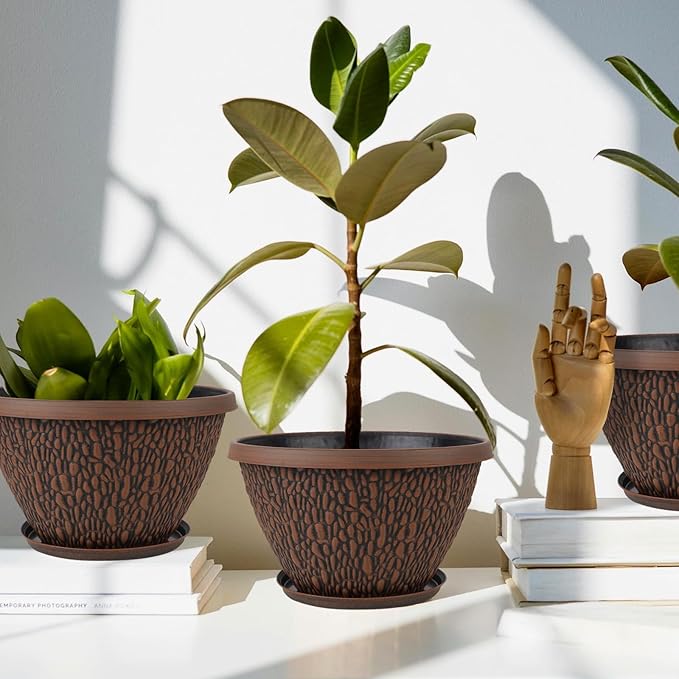 4 Pack 8 Inch Plant Pots Outdoor Indoor, Small Flower Pots with Drainage Hole & Tray, Thickened Plastic Outdoor Planters for Garden House Decor