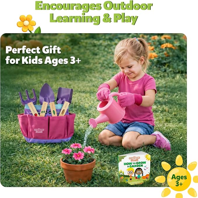 Pink Kids Gardening Tools - Includes Sturdy Tote Bag, Watering Can, Gloves, Shovels, Garden Stakes, and a Delightful Children's Book How to Garden Tale - Kids Garden Tool Set for Toddler Age on up.