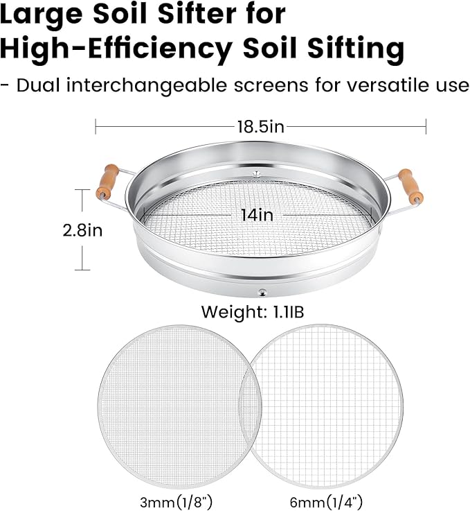 Stainless Steel Soil Sifter with Wood Handle - 14 Inch Large Garden Sieve & Compost Screen Pan for Dirt, Rocks, Gravel & Sand - 2 Heavy Duty Rustproof Replaceable Meshes (3mm & 6mm)