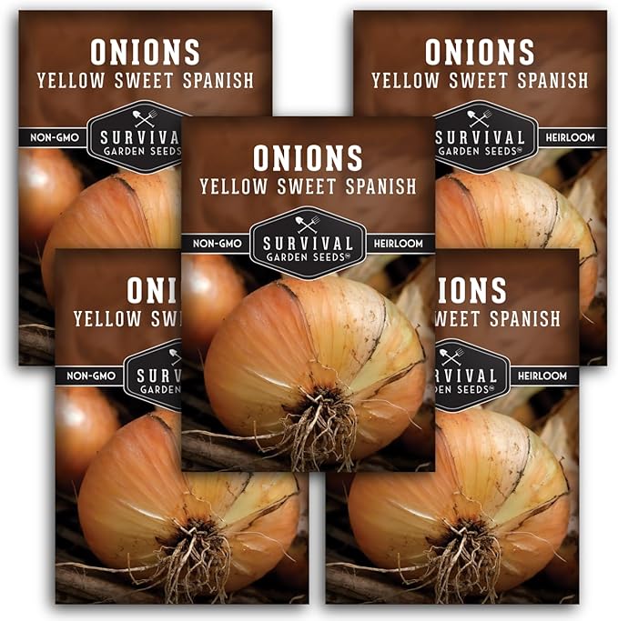 Yellow Sweet Spanish Onion Seeds for Planting – Large Mild Long Day Yellow Onions with High Yield & Sweet Flavor – Heirloom, Non-GMO, Open-Pollinated – Survival Garden Seeds (5 Packs)
