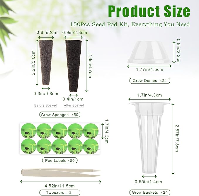 150Pcs Seed Pod Kit for Aerogarden, Anglecai Hydroponics Garden Accessories for Hydroponic Growing System, Grow Anything Kit with 50 Grow Sponge, 50 Pod Label, 24 Grow Basket, 24 Grow Dome, 2 Tweezers