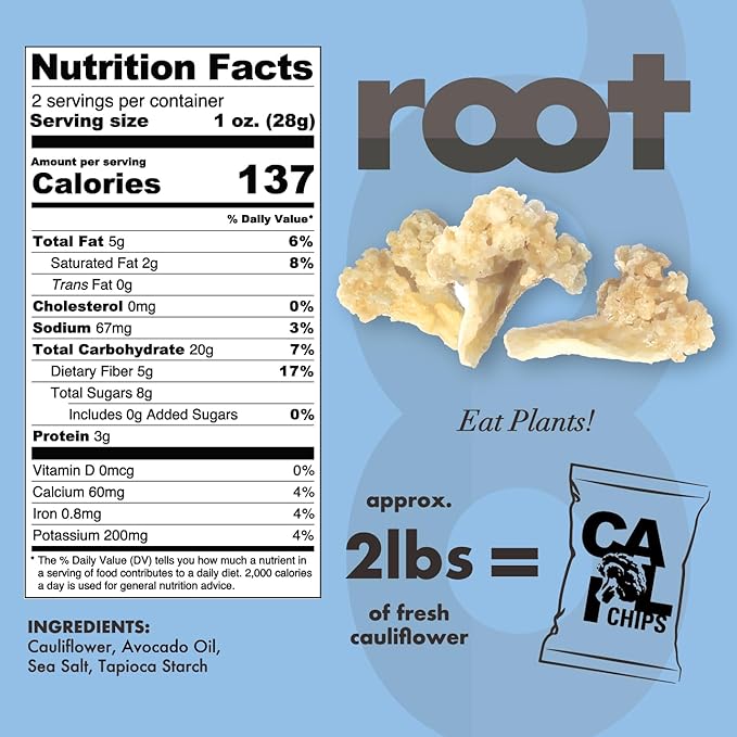 Root Foods Cauliflower Chips, Natural Veggie Snack, Non-GMO Vegetable Crisps, Good for Adults, Kids, Vegan, Gluten Free, Halal 6 pack