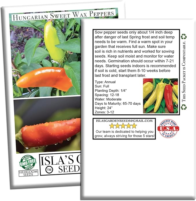Hungarian Sweet Wax Pepper Seeds (Capsicum annuum) – 100+ Heirloom Non-GMO Seeds by Isla's Garden Seeds, Mild and Flavorful Peppers, Ideal for Fresh Eating, Pickling & Cooking, Great Gardening Gift
