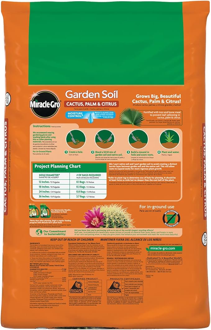 Miracle-Gro Garden Soil Cactus, Palm and Citrus, For In-Ground Use, Moisture Control, Feeds up to 3 Months, 1.5 cu. ft.