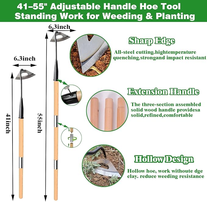 Gardening Tools Hollow Hoe, All-Steel Hardened Hollow Hoe with 55 Inch Long Handle, Sharp Edge Garden Weeding Tools, Garden Weeder Tool Shovel Weed Puller for Backyard Loosening Farm Planting Weeding