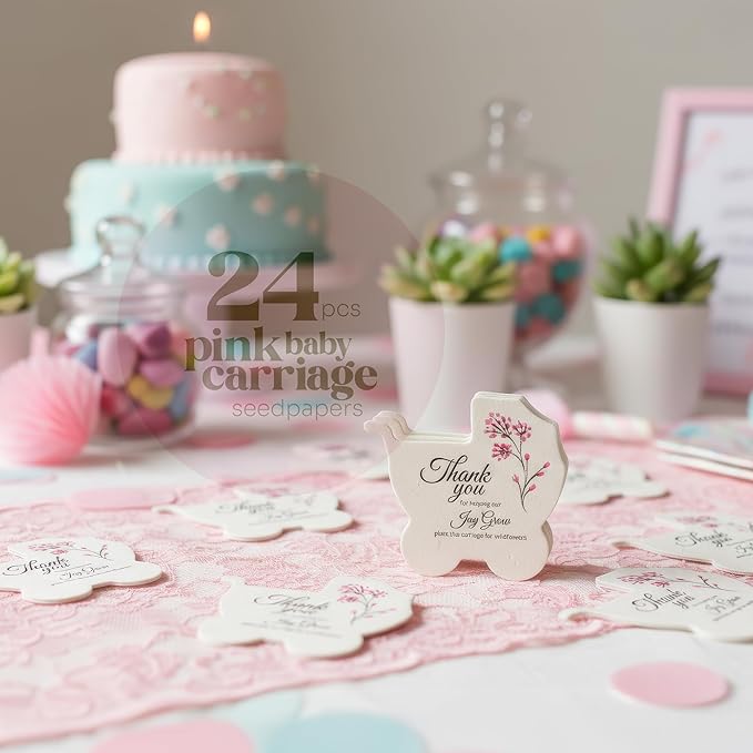 Seed Bloom Carriage-Shaped Seed Paper – 24 pcs Pink Shower Favors for Guests with Wildflower Seeds, Writable & Plantable, Gender Reveal, Birthday Gifts for Guest