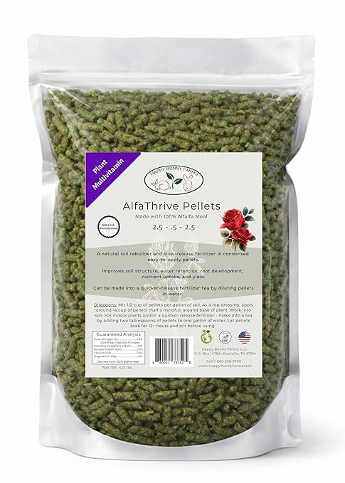 Alfalfa Meal Pellets, AlfaThrive Plant Multivitamin and Fertilizer, and Animal Feed. 4.0 lbs, 2.5-0.5-2.5 NPK