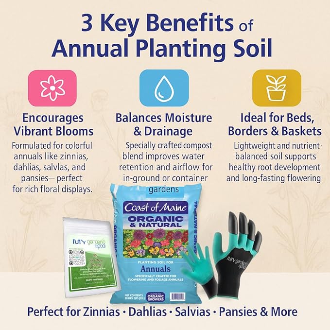 Coast of Maine AP3500 Annuals Planting Soil 20 qt with My Garden Pool 7-in-1 Soil Test Strips, 20 ct. and Claw Gardening Gloves