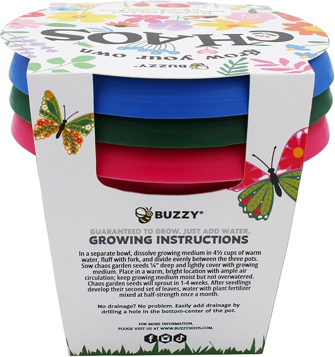 BUZZY Seeds Chaos Garden 3-Pack – Butterfly, Bee Attraction and Wildflower Seeds in 5.5 Inch Colorful Plastic Pots, Easy-Grow Flower Starter Kit, Indoor Gardening Gift