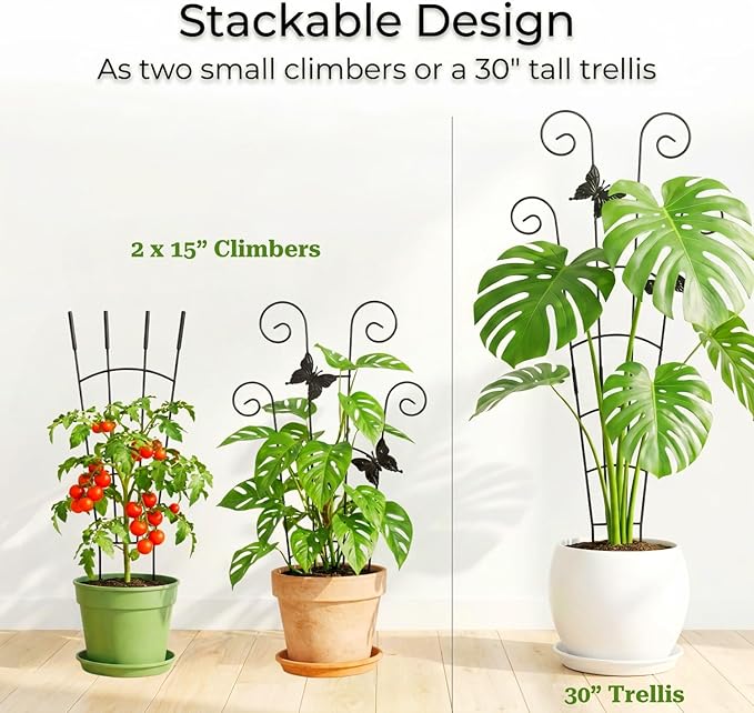 Plant Trellis Indoor Climbing Support - 2-Pack 30" Stackable Metal Garden Trelisses for Potted Monstera Hoya Pothos Vines - Rustproof Outdoor Gardening Gift for Plant Lovers