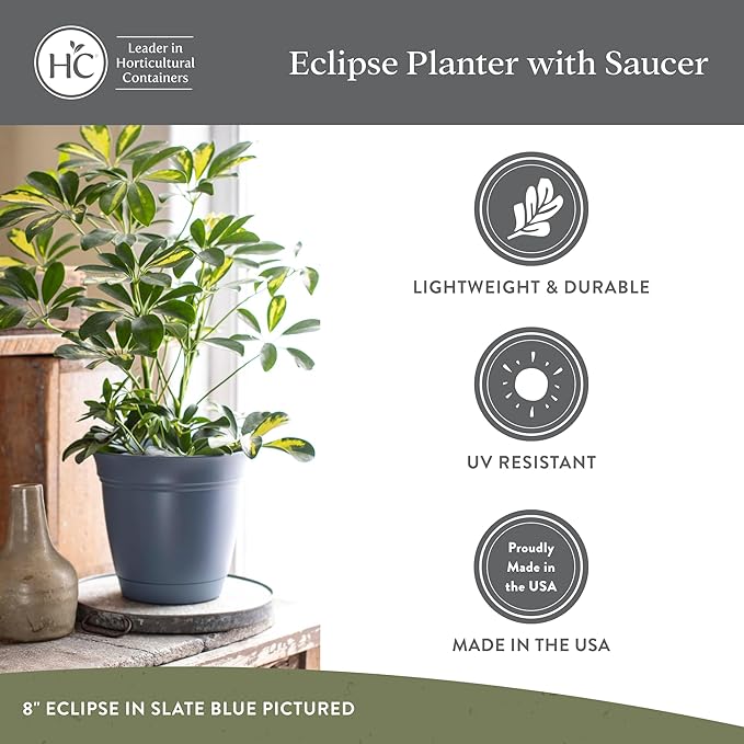 The HC Companies 6 Inch Eclipse Round Planter Pots with Drainage Holes & Attached Saucer, Lightweight UV-Resistant Plastic Indoor Outdoor Planters, 4-Pack Flower Pots for Garden & Home Decor, Peridot
