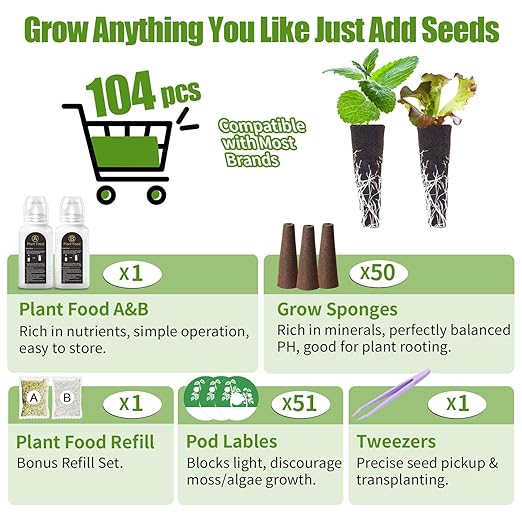 105 Pcs Grow Sponges and Hydroponics Plant Food Compatible with Aero Garden and All Brands - Seed Pods Lables and Indoor Plant Fertilizer for Indoor Garden Hydroponics Growing System