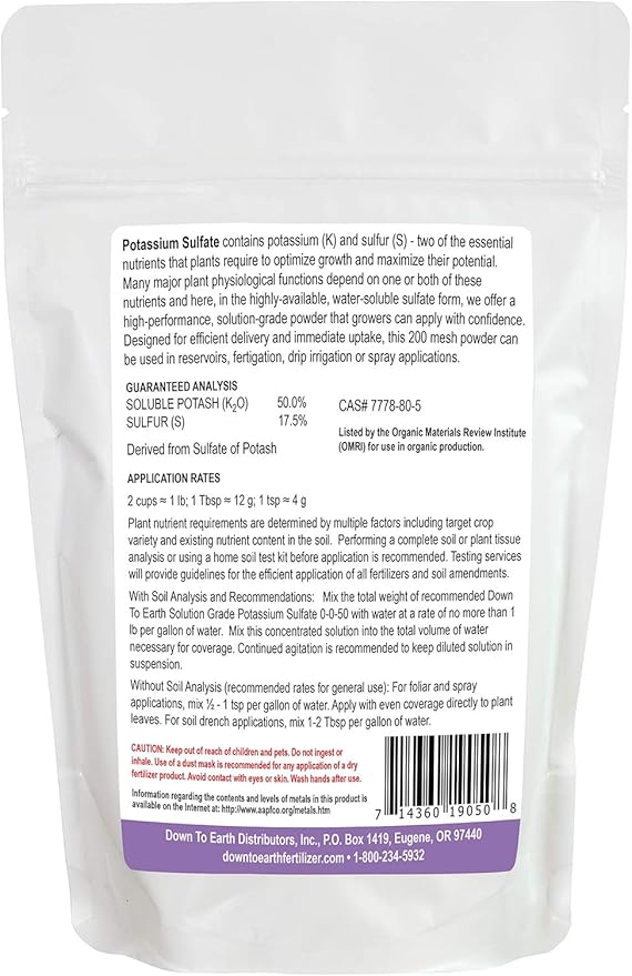 Down To Earth All Natural Fertilizers Organic Solution Grade Potassium Sulfate - Professional Grade SOP Powder 200 mesh for Liquid or Spray Applications 0-0-50, 1 lb