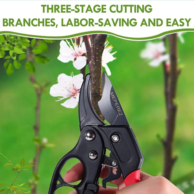 MEPEREZ Ultra Sharp Germany Steel Pruning Shears - Cuts 3X Easier, Weak Hand Arthritis Snips, Rust-Resistant, Effortlessly 1-Inch Cut Capacity Garden Scissors, Ergonomic Handle (Reddish balck)