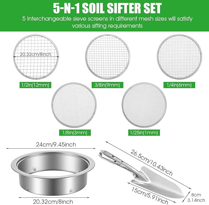 Soil Sieve Set Garden Soil Sifter Stainless Steel Mesh Sifter, 5 Sieve Set for Gardening with 8" Diameter 1/3/6/9/12mm Interchangeable Meshes, Includes Shovel for Potting, Planting