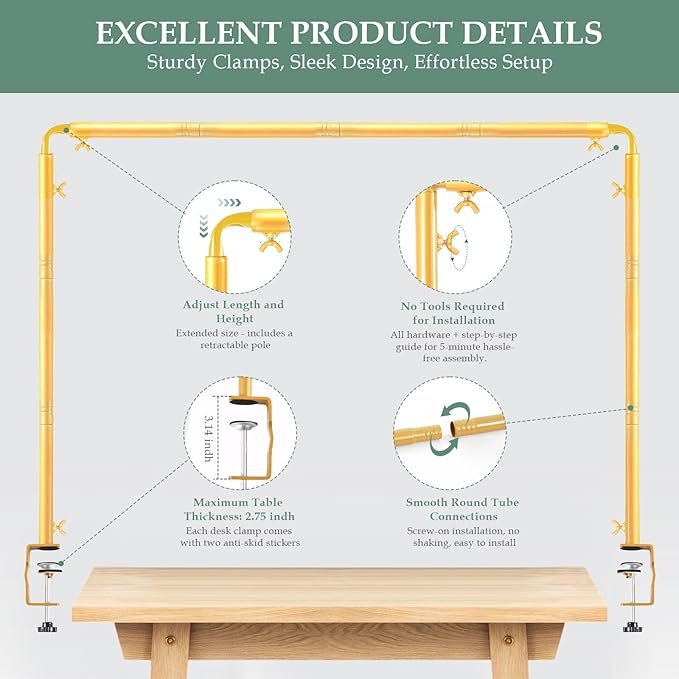 Over The Table Rod Stand with Clamps 31"-110" Length 31"-64" Height Adjustable Metal Table Hanging Decor Rod with Storage Bag for Gender Reveal Ceremony Party, Gold Table Balloon Arch Stand