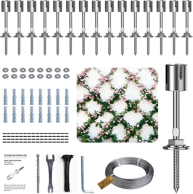 DOEWORKS 16 Set Wire Trellis for Climbing Plants Outdoor, Wall Wire Trellis Kit with 1/8 in x 80ft Stainless Steel Cable, Espalier System for Fence and Garden DIY Projects