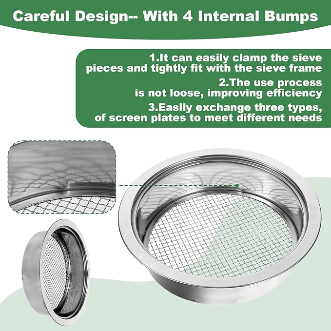 Soil Sieve Set Garden Soils Sifter Stainless Steel Mesh Sifters Compost Sifter with 1,3,6,9,12mm Sieve Mesh and Bonsai Soil Scoop