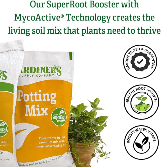 Gardener's Supply Company 20 Qts Potting Mix | SuperRoot Booster & Moisture-Retaining Coir | Plant Growth for Indoor Outdoor Self Watering Planter Boxes, Potted Plants & Garden Beds