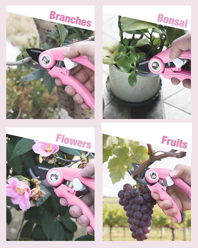 WORKPRO 6.9" Bypass Pruning Shears, Gardening Scissors with Sharp SK5 Steel Blade, Handheld Garden Floral Clippers for Rose, Plants, Flowers, Fruits Trees, Gardening Gifts for Women & Men, Pink