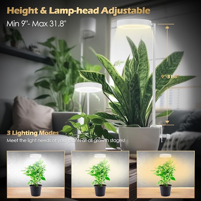 GLOWRIUM Grow Lights for Indoor Plants, Full Spectrum LED Grow Light Floor Lamp with Stand Adjustable Height and Angle, Black Plant Light with 3/9/12H Grow Light Timer (White, 6W)