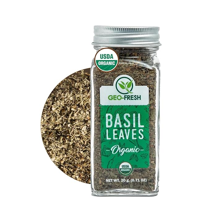 Geo-Fresh Organic Basil Leaves 0.71 oz (20g) – Dried Basil Seasoning for Cooking & Seasoning – Non-GMO, Kosher, USDA Certified Organic, Gluten-Free