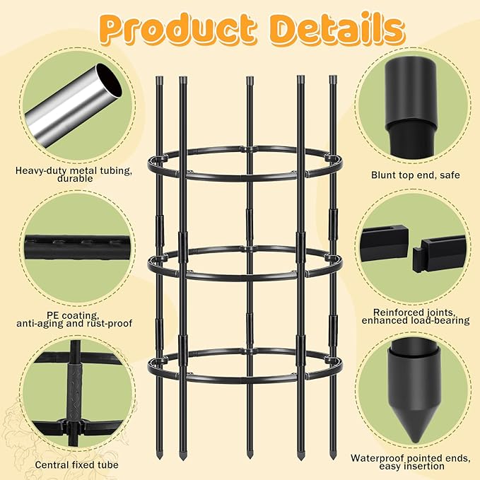 19.5" D x 39" H Peony Plant Support Cage, 3 Tier Stackable Plant Support Ring, Metal Core with PVC Coated Stakes, Garden Plant Support for Peonies Tomatoes and Climbing Plants