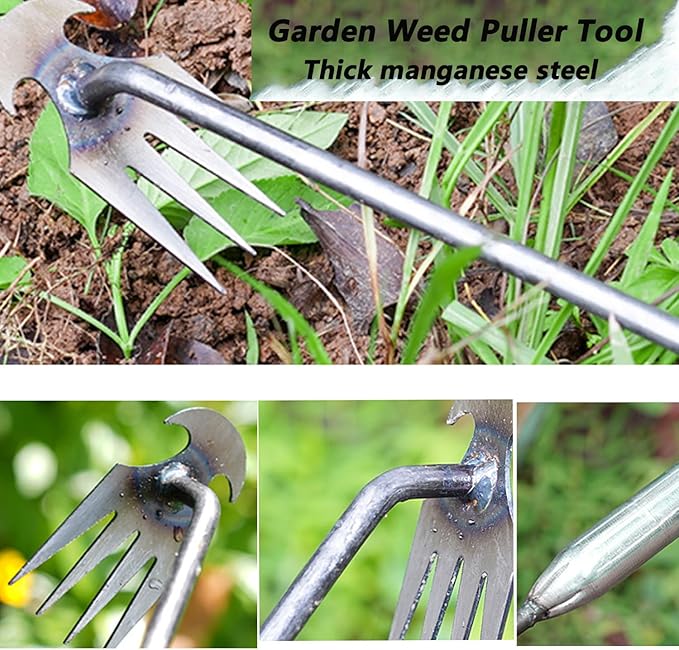 Weed Puller Gardening Hand Weeder Tools,Portable Artifact Uprooting Weeding 6 Teethes Manganese Steel Weed Removal Dual Purpose Manual Hand Pulling Tool for Lawn Garden (Silver)