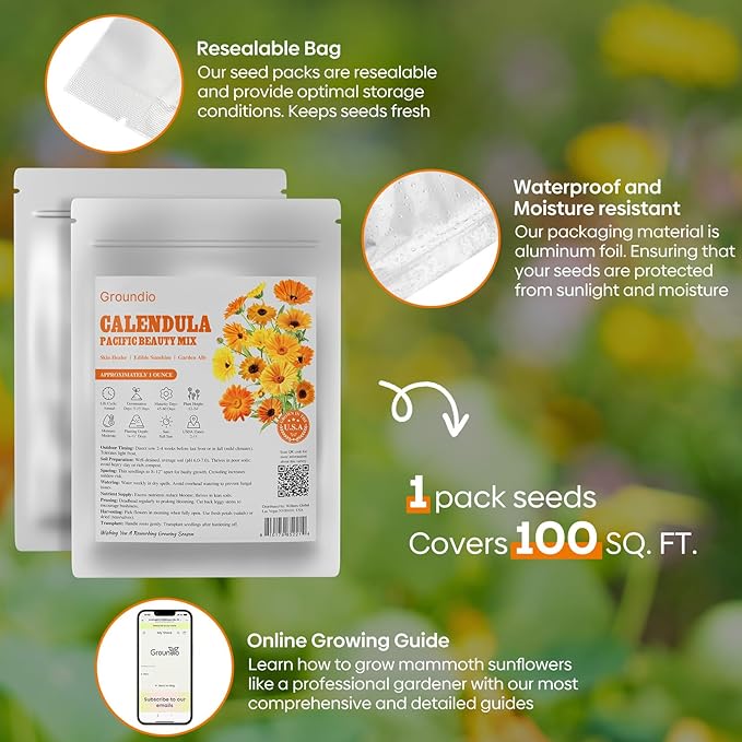 Groundio Calendula Seeds Pacific Beauty Mix, 3000+ Calendula Officinalis Seeds, Open Pollinated Non-GMO Wildflower Seed Grown in The USA, 1 Ounce