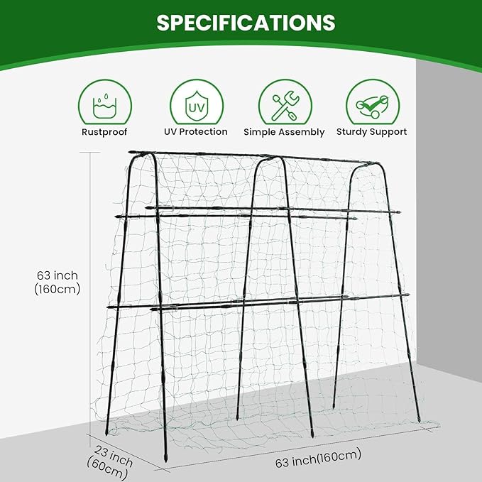 Garden Trellis for Climbing Plants Outdoor, 5.3x5.3ft Garden Trellis Climbing Plant Support Plastic-Coated Metal U-Shaped Vine Vegetables Tomato Cucumber Trellis Raised Bed, with Netting, Black